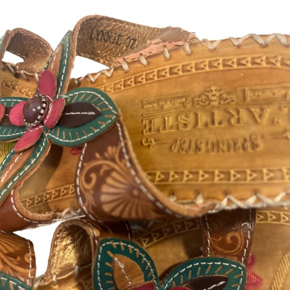 L' Artiste Spring Step Lynnie Sandals 37 US Size 7 Floral Leather Wedge - Picture 4 of 8